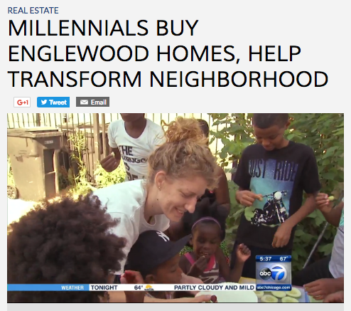 ABC7 recently featured the Blackwells, a young millenial couple, who moved into Englewood. Hannah Blackwell is shown here interacting with neighborhood kids. (ABC7)
