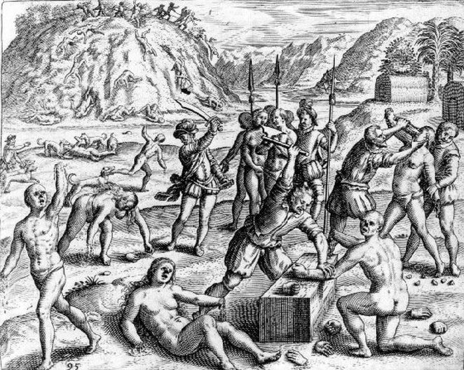 Spanish conquistadors slaughtering Taínos